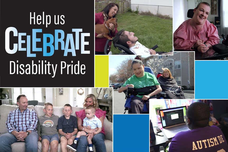 Three pictures of disabled people and the words Help Us Celebrate Disability Pride